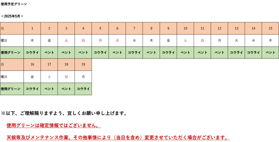 2025年5月使用予定グリーン表
