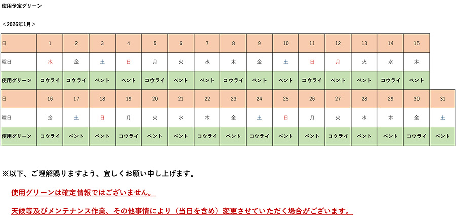2025年1月使用予定グリーン表
